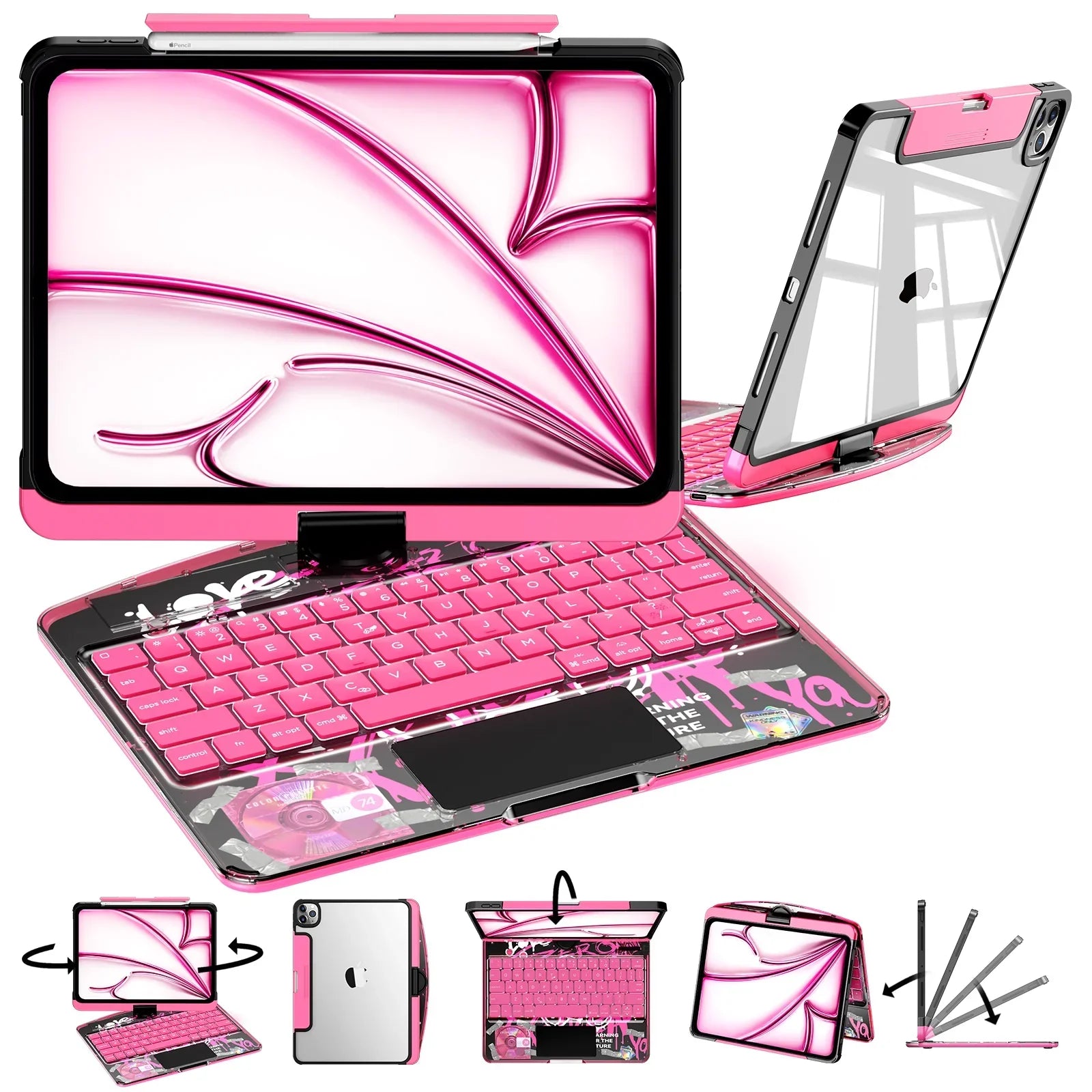 TabShell Y2K Transparent Pink 360° Rotating iPad Keyboard Case